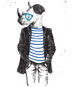 Hand drawn dressed up rhino in hipster style