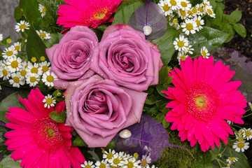 Bunch of different flowers, bouquet close up background