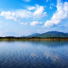 Seaview with beautiful white clouds and mountains. 