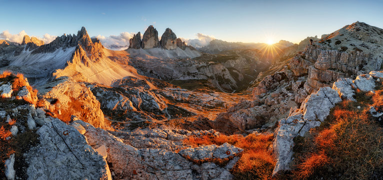 Dolomites mountain panorama in Italy at sunset - Tre Cime di Lav