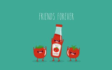 Funny tomato ketchup and tomato. Vector illustration.