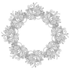 Beautiful hand drawn vintage floral doodle ornate circular frame, isolated on white background. Vector illustration.