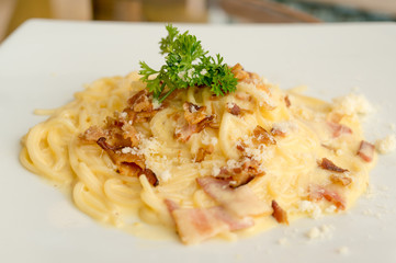 Close up Cabonara spaghetti in white plate