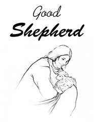 Jesus holding a lamb in his arms drawing line art illustration with word Good Shepherd; Christianity art of faith hope and love.