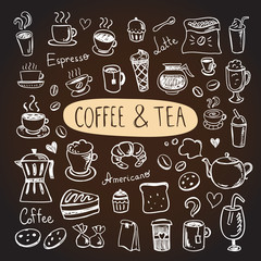 Coffee and tea vector hand drawn doodles. Cafe illustrations: drinks and sweet pastry and bakery