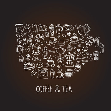 Coffee and tea vector hand drawn doodles in form of cup. Cafe illustrations: drinks and sweet pastry and bakery