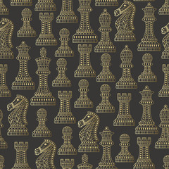 Fototapeta na wymiar Seamless pattern with all chess pieces. Golden and black. Beautiful lace ornament in Indian style. Vector illustration.