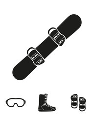 Snowbord and its equipment set isolated on the white background. Silhouette design. Ski icons series.