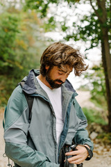 Portrait of young bearded hiker