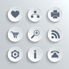 Web icons set - vector white round buttons with heart follow printer sitemap shopping cart zoom rss settings gear information telephone