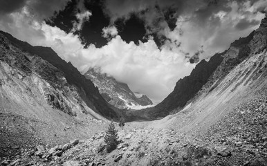 Chalaadi glacier valley. Monochrome colors