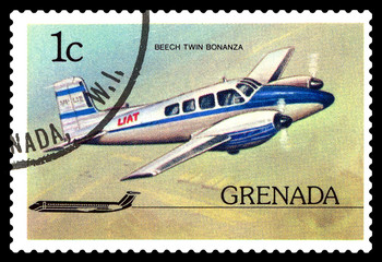 Postage stamp.  Beechcraft Twin Bonanza.
