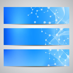 Abstract geometric banners molecule and communication. Science and technology design, structure DNA, chemistry, medical background, business and website