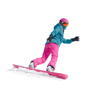 Winter sport, snowboarding - vector illustration of a young girl snowboarder in motion from the slope on a snowboard