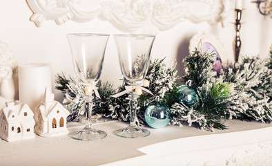 Christmas still life - Two glasses of champagne with Xmas decorations