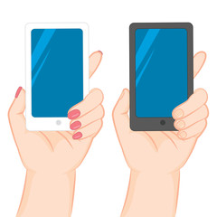 Female and male hand holding white and black vertical smartphone