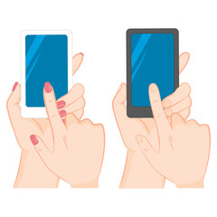 Male and female hands holding black and white vertical smartphone touching blank screen with finger