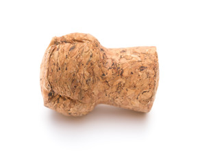 side view wooden cork from champagne bottle on a white backrgound