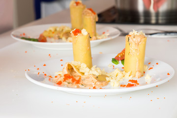 appetizer - cheese rolls with meat and vegetables