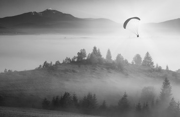 Flying above foggy valley. Monochrome colors - 123885284