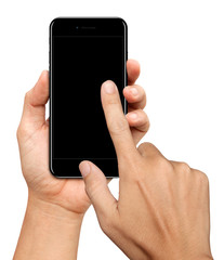 Hand holding and Touch on glossy Black Smartphone on white backg