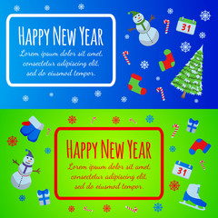 Happy New Year banner. Merry Christmas giftcard. Xmas poster with snowman, pine, skates, gift, mittens. Vector Illustration sign. 