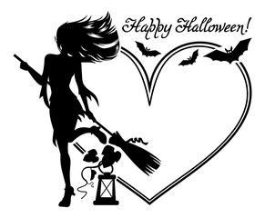 Stock Vector Illustration:Heart-shaped frame with girl silhouette. 