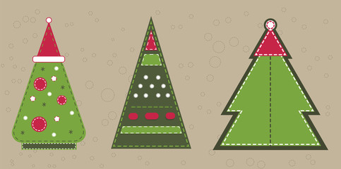 Cristmas spruce in red hat. Stickers with stitching imitation.