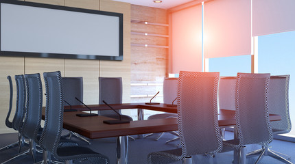 Sunny morning in the modern office. 3d rendering.