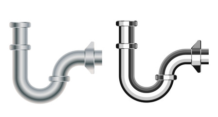 Set of popular realistic pipe U siphons for wash basin, sanitary devices, plumbing fixtures, metal, nickel, chrome luxury for connection to sewer pipe for labels of cleaners, printed materials © rdomino