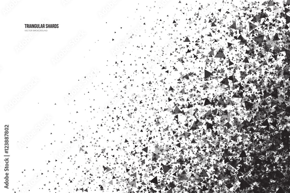 Poster abstract vector black triangular shards on white background. scatter falling dark gray triangle part