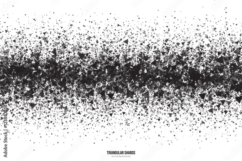 Poster abstract vector black triangular shards on white background. scatter falling dark gray triangle part