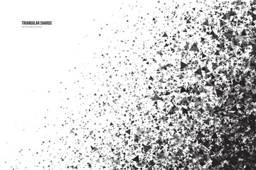 Abstract vector black triangular shards on white background. Scatter falling dark gray triangle particles. Exploding effect