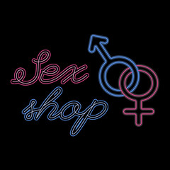 Sex shop logo template, neon signage, editable vector design element, intimate xxx adult store logotype concept, gender symbol with stylish lettering