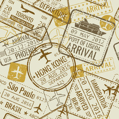 Fototapeta na wymiar Vintage travel visa passport stamps vector seamless background