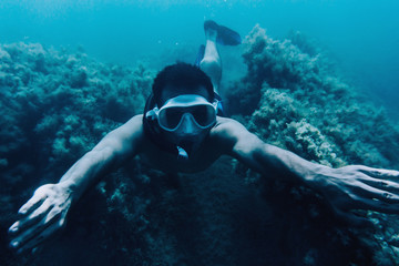 Naklejka na ściany i meble Man snorkeling among seaweed