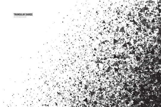 Abstract vector black triangular shards on white background. Scatter falling dark gray triangle particles. Exploding effect