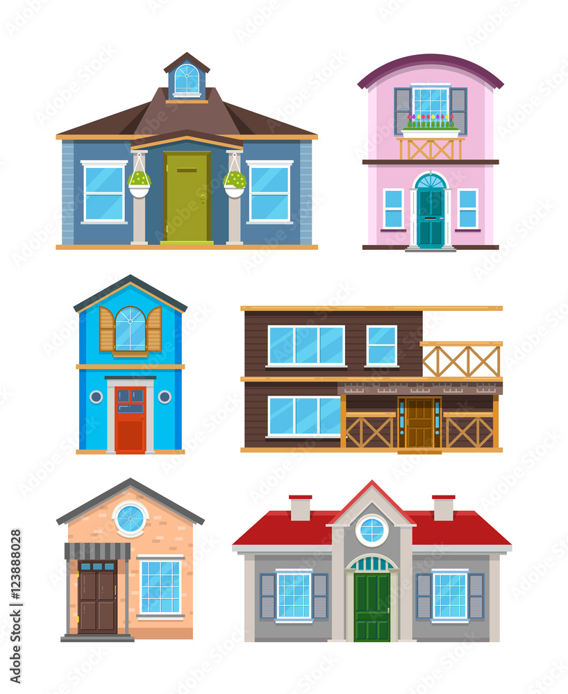 Sticker Modern residential building houses cartoon vector collection