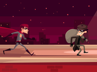 Superhero man character catches thief character. Vector flat cartoon illustration
