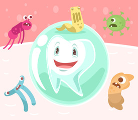 Tooth character in protective bubble. Germs characters attack. Vector flat cartoon illustration