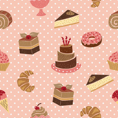 Sweets seamless pattern. Vector polka dot background with desserts.
