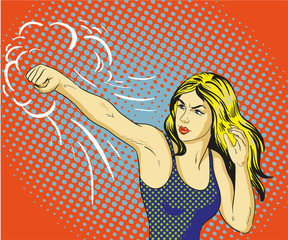 Young beautiful woman punching and boxing. Concept vector poster in retro comic pop art style.