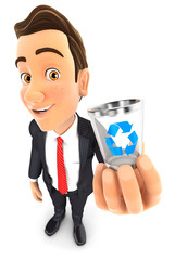 3d businessman holding trash can icon