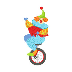 Colorful Friendly Clown Balancing On Unicycle In Classic Outfit