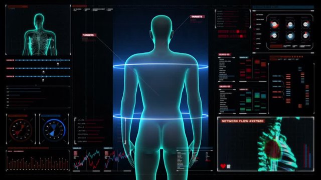 Zooming female Human body scanning internal organs, Digestion system.Blue X-ray light on digital display user interface. HD