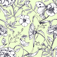 hand drawn seamless pattern with flowers pansy, battterfly, leaves, petunia, marigolds