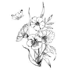 hand drawn ink floral ornament with flowers petunia and cosmos on white background. butterfly flying over a flower