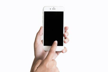 Closeup shot of a woman typing on mobile phone isolated on white