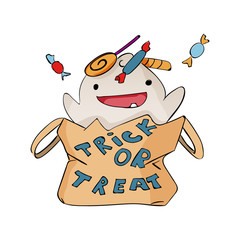 Cute ghost and a bag of sweets characters isolated on the white background. Halloween party hand drawn sketch. Fun colorful illustration for t-shirt print, banner, flyer, poster design