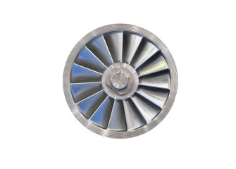 Shiny metallic circle with blades. Isolated on white background.